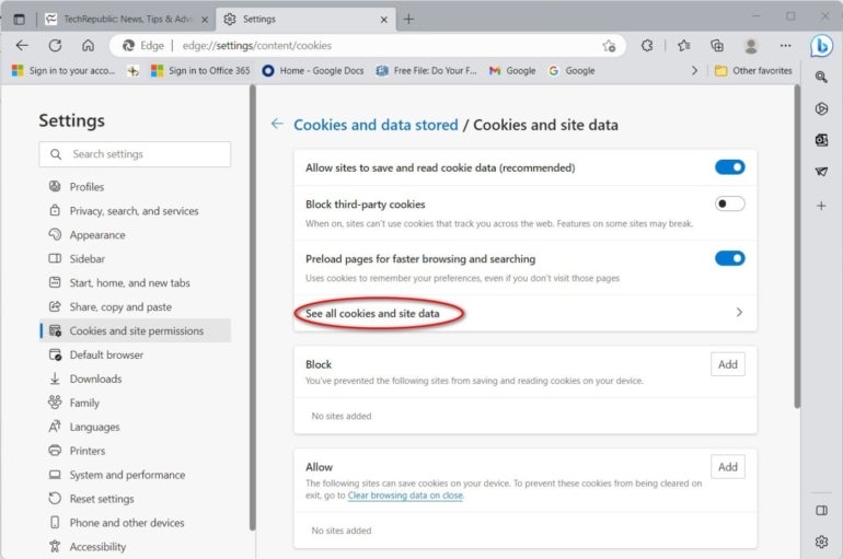 This screenshot shows the See all cookies and site data.