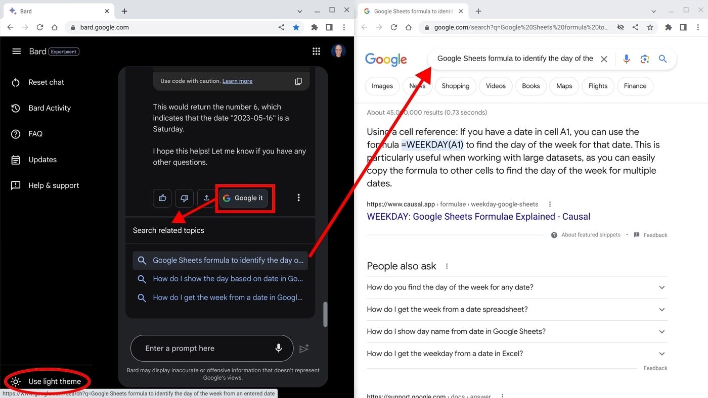 The options to Google it and switch to dark mode highlighted in Google Bard