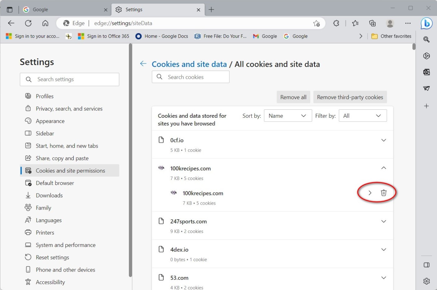 How to remove specific cookies from microsoft edge