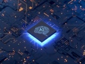 This is an illustration of a microchip with an AI brain painted on it.