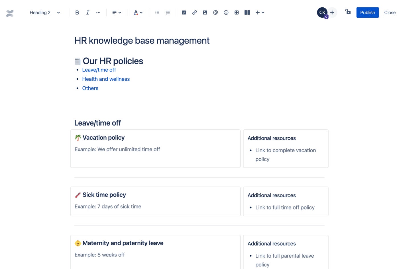 An example of an HR knowledge base in Confluence.