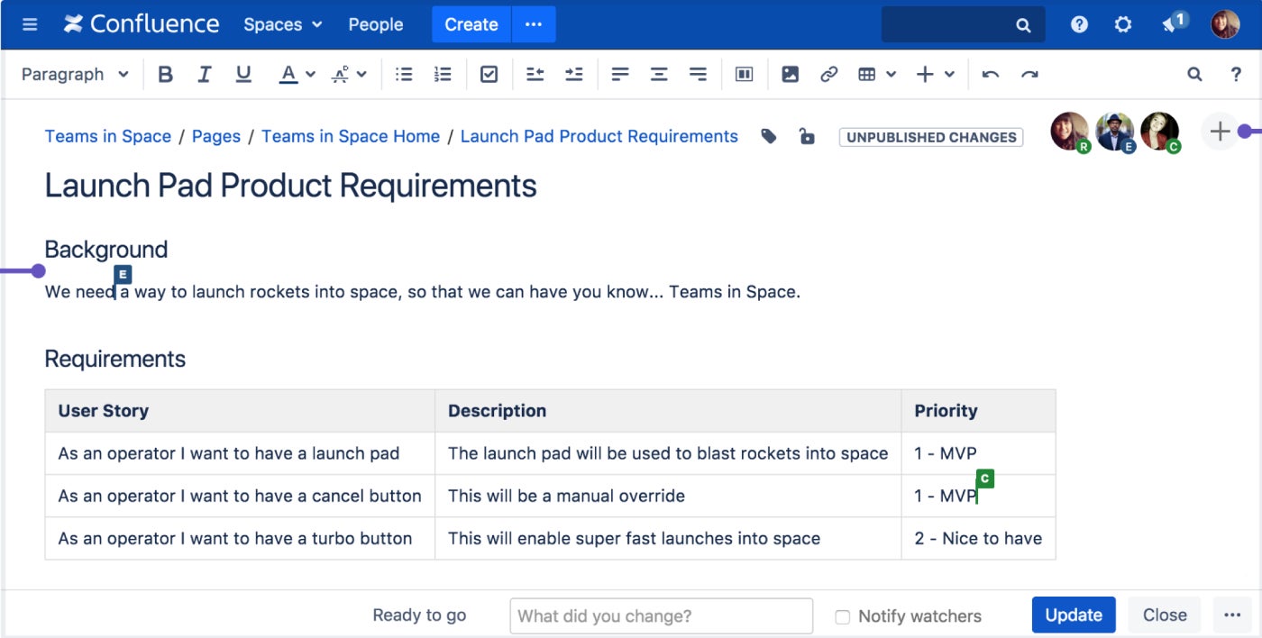 An example of two users editing a single Confluence page at once.