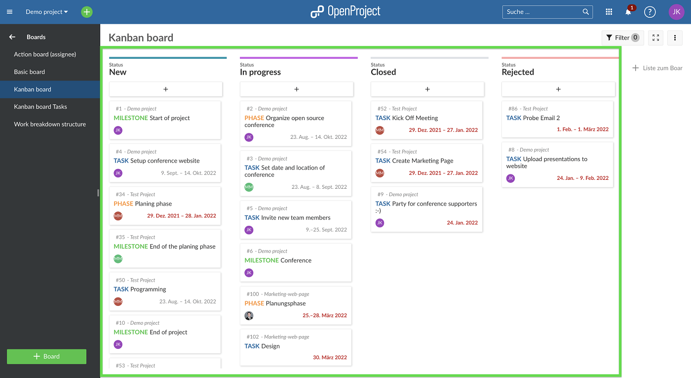 OpenProject dashboard.