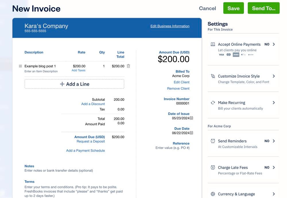 The invoice creation tool in FreshBooks. Image: FreshBooks