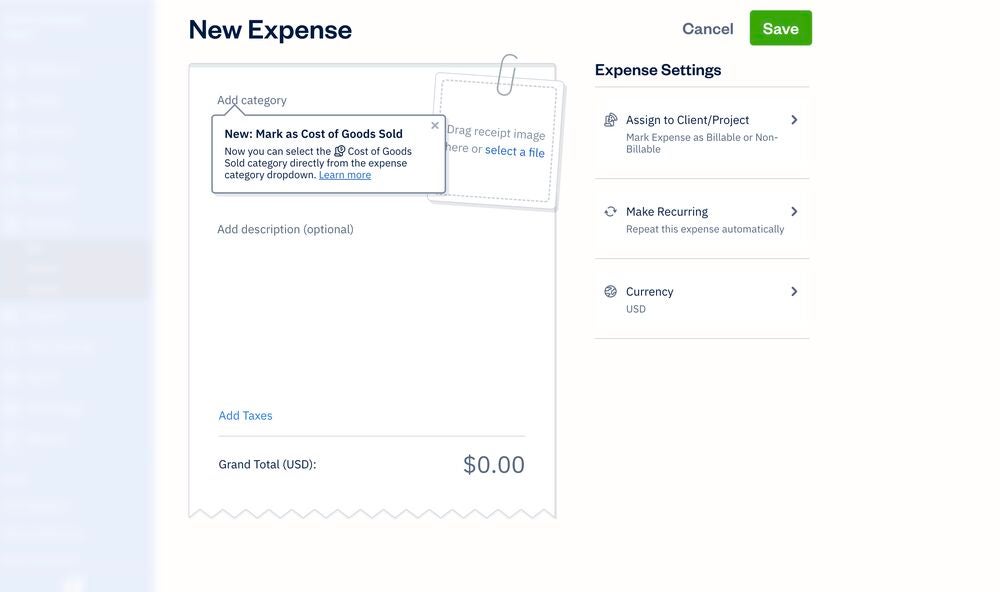 The manual expense creation tool in the web app. Image: FreshBooks