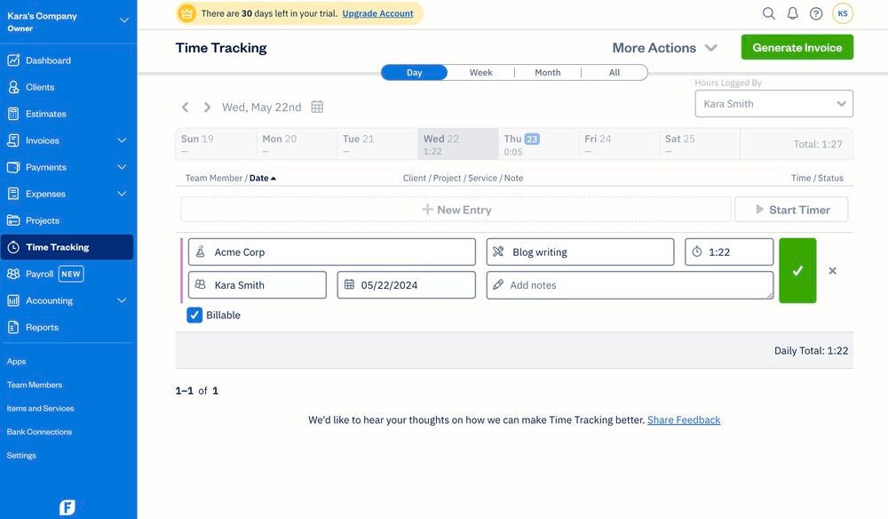 A time-tracking entry in FreshBooks. Image: FreshBooks