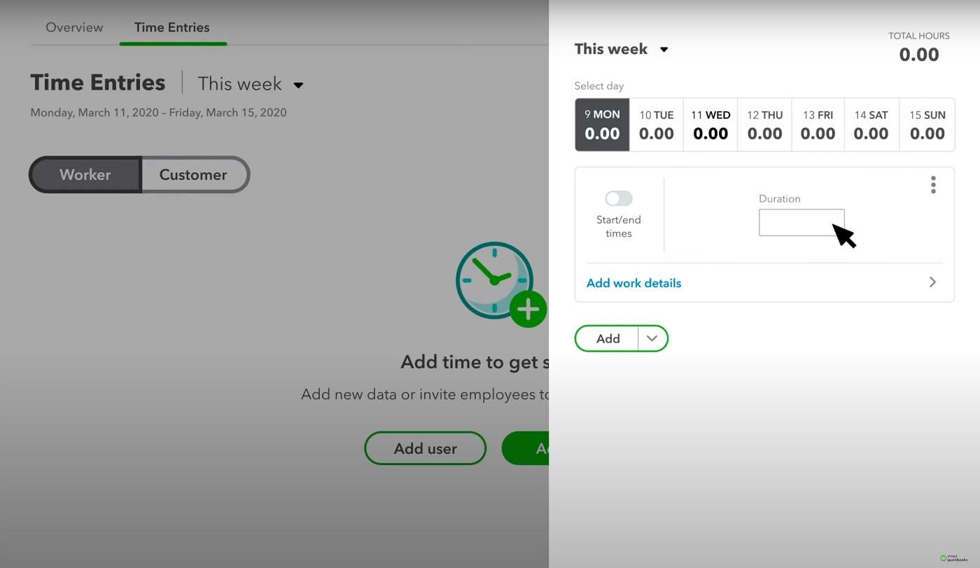 QuickbBooks track time without much fuss to either review for yourself or add to invoices.