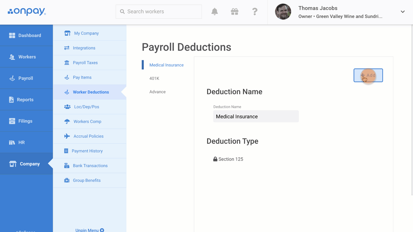 OnPay selects employee deductions based on their benefits.