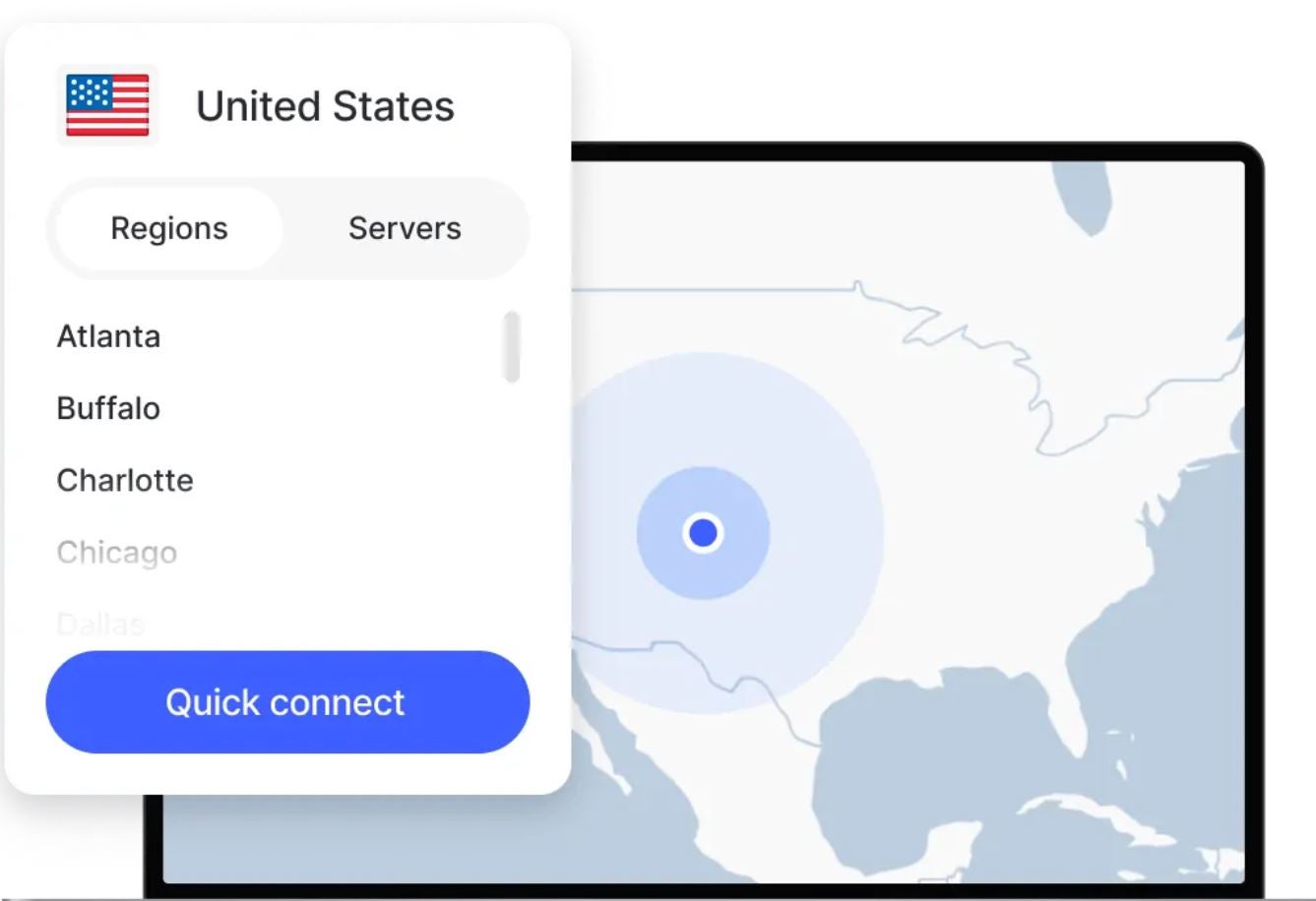 Screenshot of NordVPN location selection dashboard.