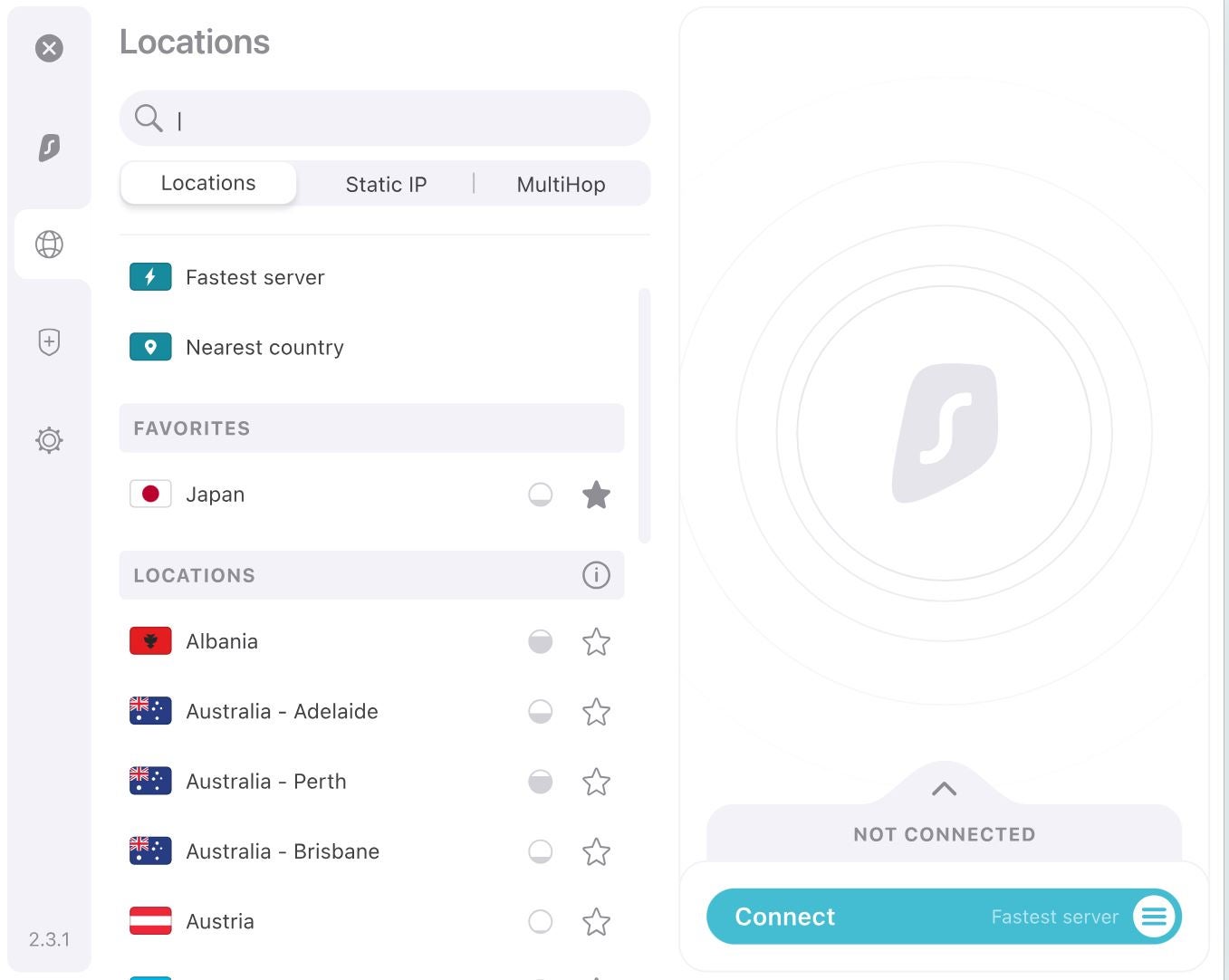 Screenshot of Surfshark location selection dashboard.