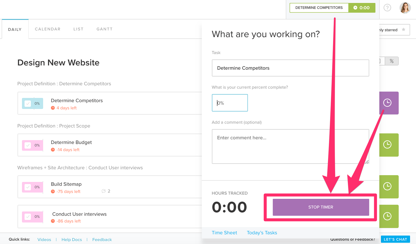 Screenshot of TeamGantt time tracking.