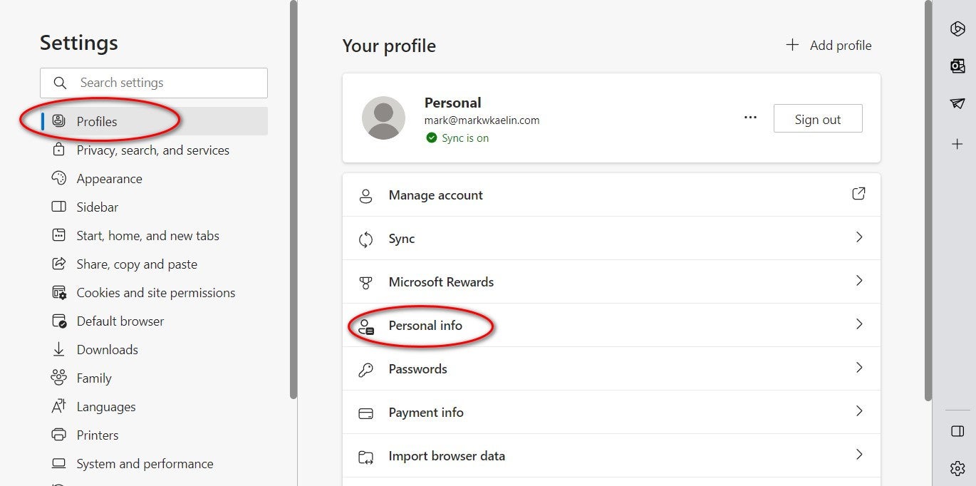 Personal info tab circled on the Microsoft Edge Your profile page
