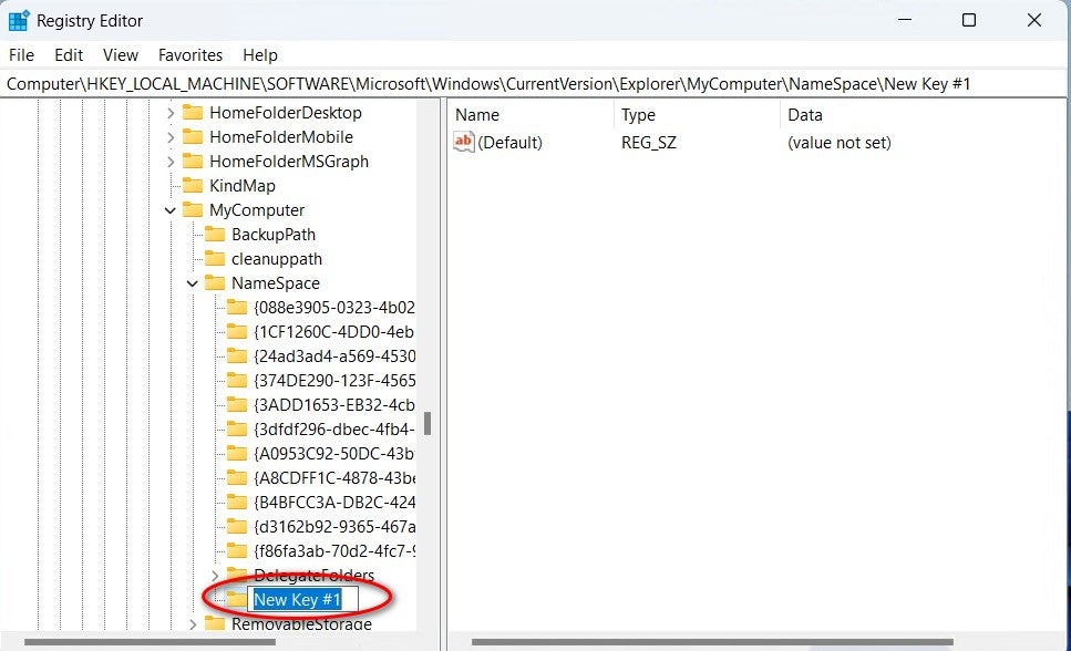 New Key #1 item being made under the NameSpace folder in Windows 11 Regedit app