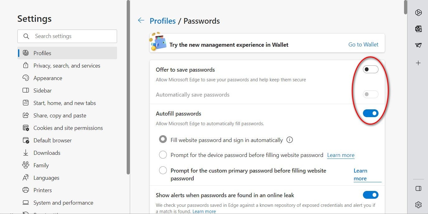 Microsoft Edge settings to save and autofill passwords