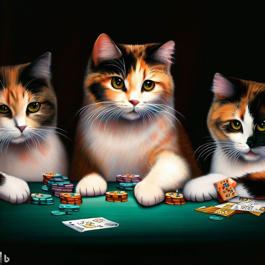 Calico cats playing poker generated by Bing Chat.