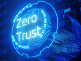 This illustration shows a hologram with writing that says Zero Trust.