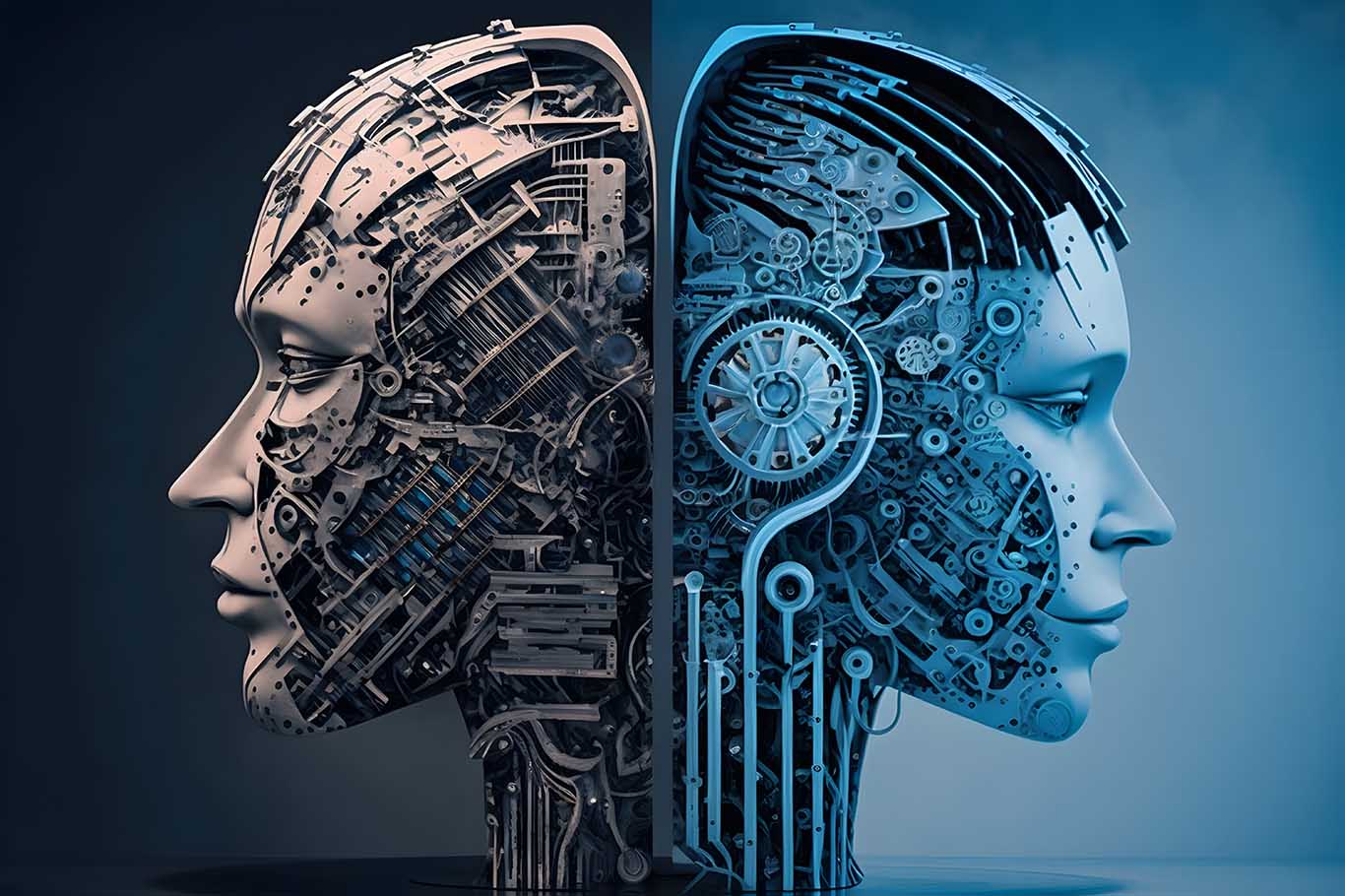 Two AI robots are facing opposite directions, the one on the left is in a shade of gray, and the other is in a shade of blue.