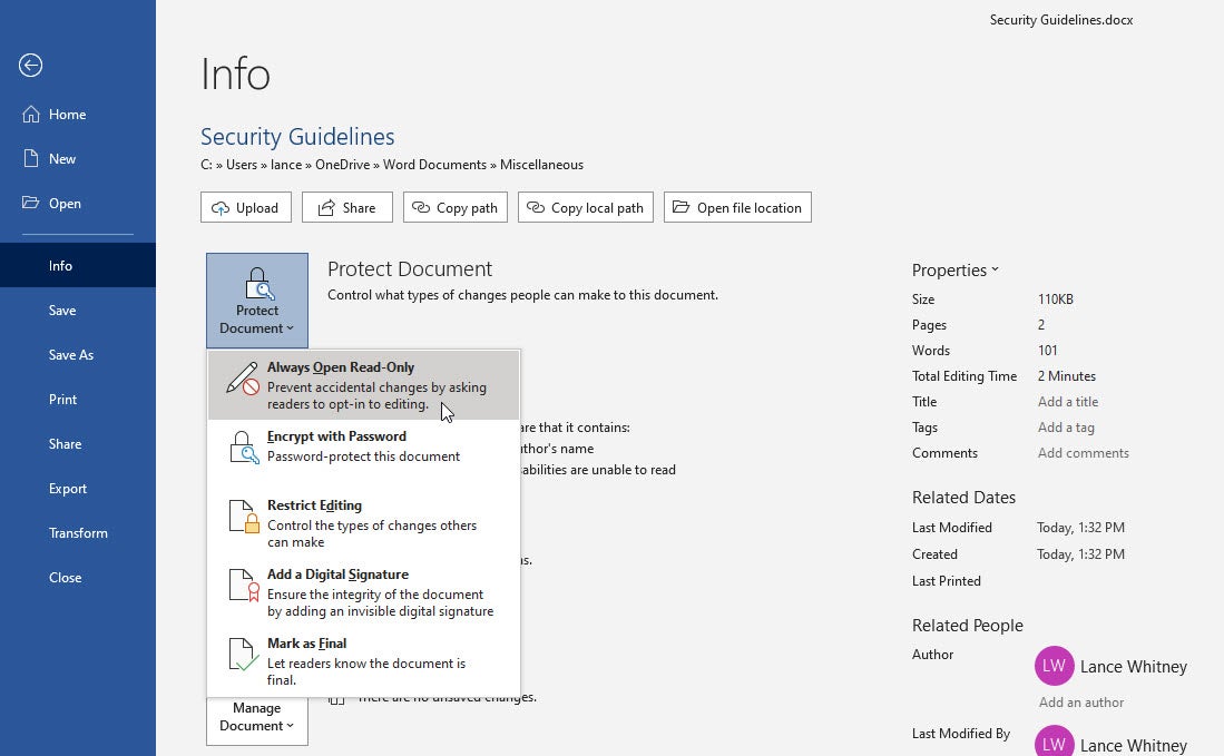 Microsoft Word's info screen shows the Protect Document options.
