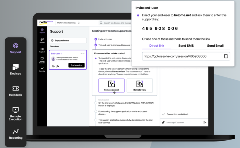 GoTo Resolve's remote access capabilities enable support staff to provide employees with IT support from any location.