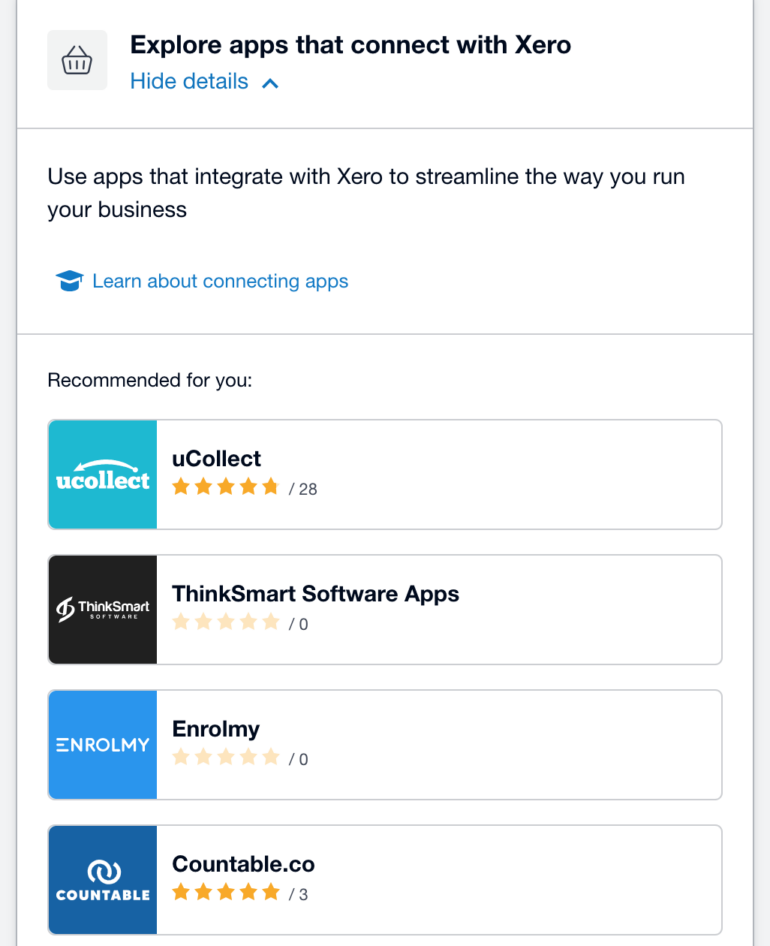 From Xero's dashboard, users can sort through Xero's extensive integration library and connect third-party apps to their accounting software.