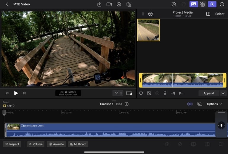 Common video-editing elements like preview, media and timeline windows appear by default within Final Cut Pro for iPad.