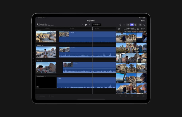 The Final Cut Pro for iPad's Angle Editor enables synchronizing media from multiple cameras within a single video file. Image: Apple