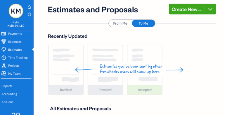 From your FreshBooks dashboard, you can create proposals and estimates, add images and data to showcase your expertise, and view any estimates and proposals you've received.