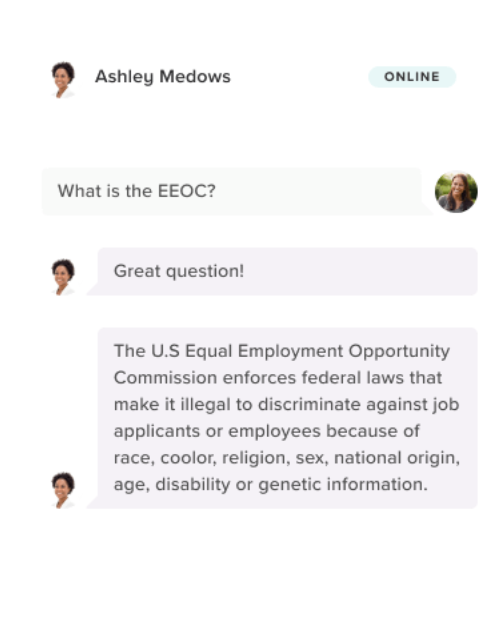 Bambee displays the text "What is the EEOC?" followed by two speech bubbles from someone named Ashley Medows explaining that the EEOC stands for the U.S. Equal Opportunity Commission.
