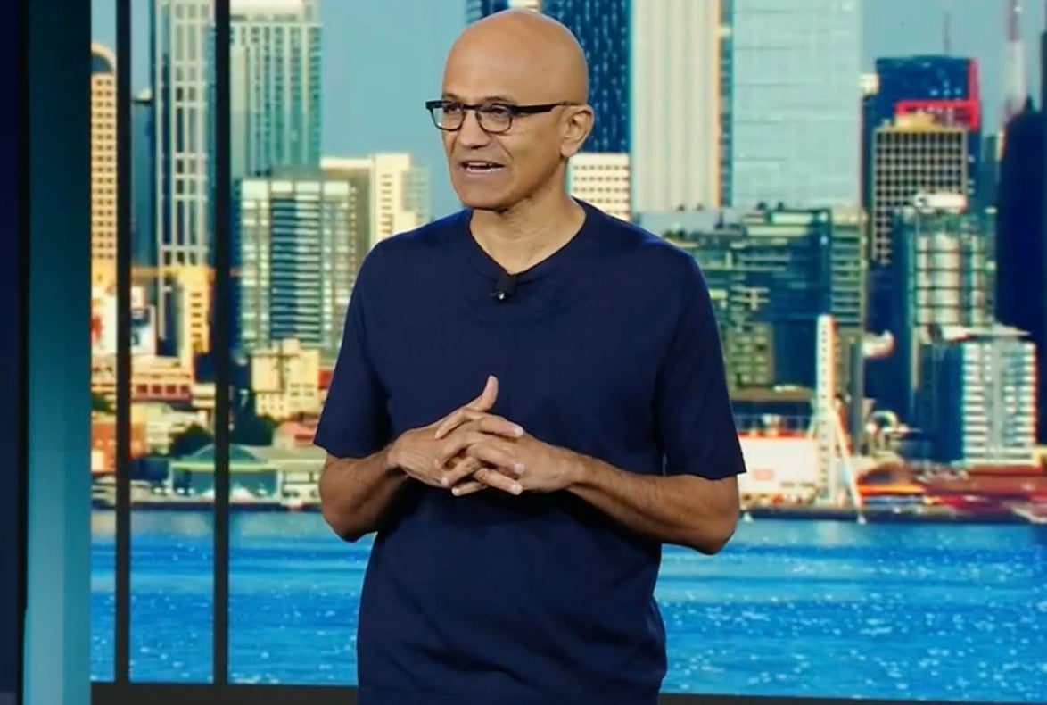 Microsoft Chairman and CEO Satya Nadella presents at the Inspire conference keynote on July 18, 2023.
