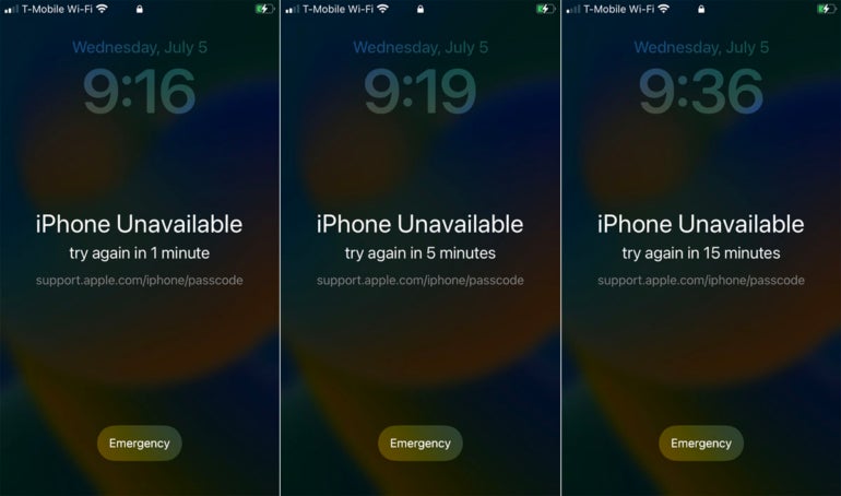 A locked iPhone screen that says "iPhone unavailable, try again in 1 minute". The message repeats with 5 and 15 minutes.