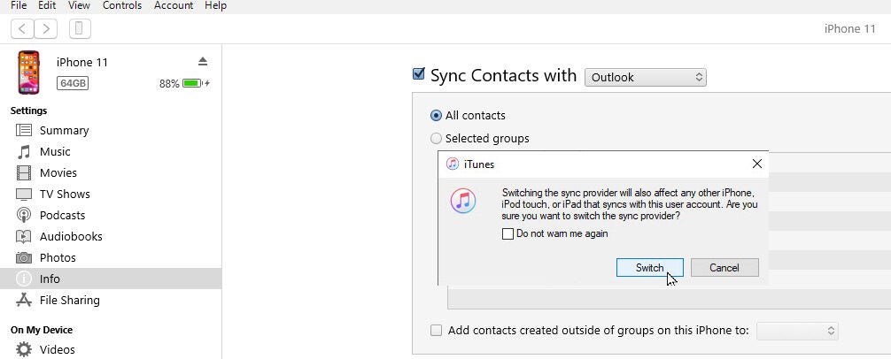Captura de pantalla sobre cómo sincronizar contactos en tu iPhone usando iTunes.