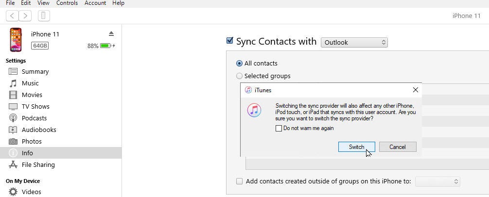 Screenshot connected  however  to sync contacts successful  your iPhone utilizing iTunes.