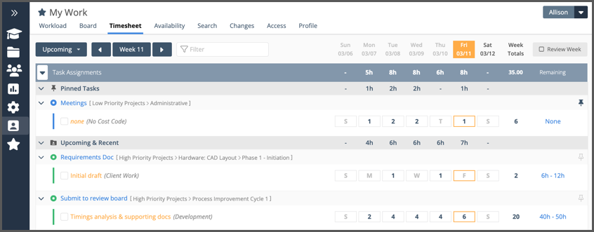 Screenshot of LiquidPlanner timesheet.