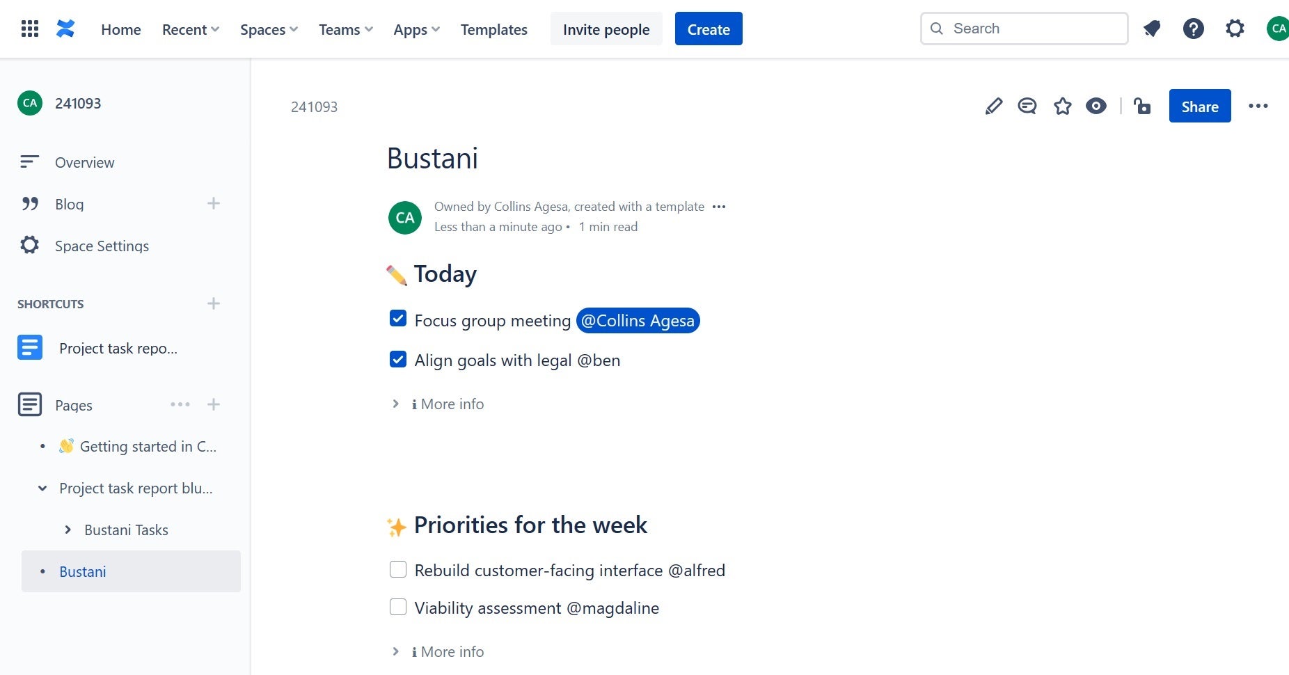 Confluence task management screenshot