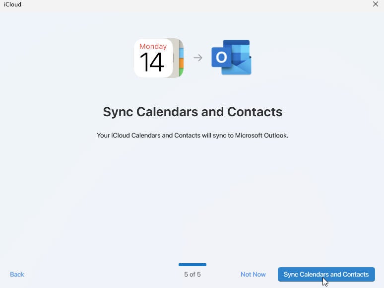 Screenshot showing a message to sync calendars and contacts
