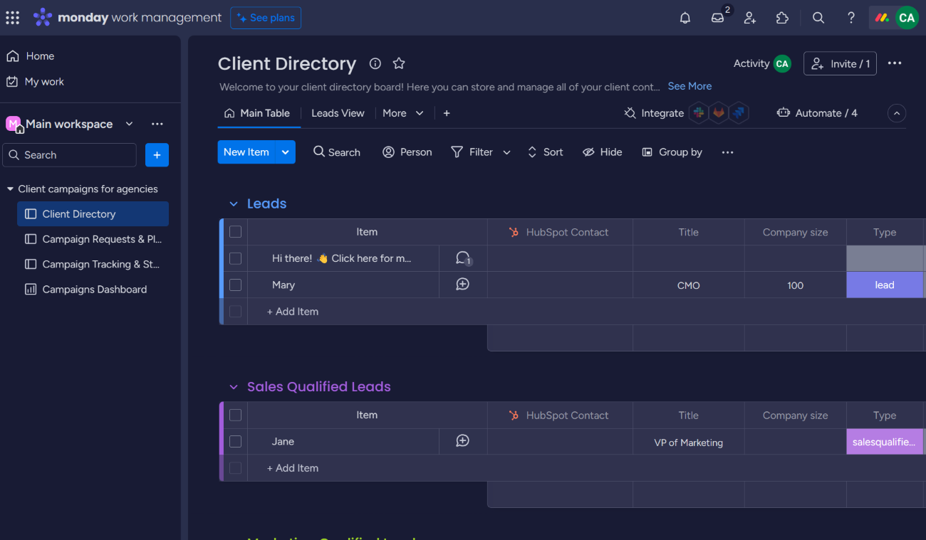 A client directory board to manage client contacts.