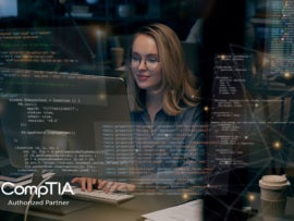 A transparent overlay of HTML and Javascript code over a woman happily typing at a computer.