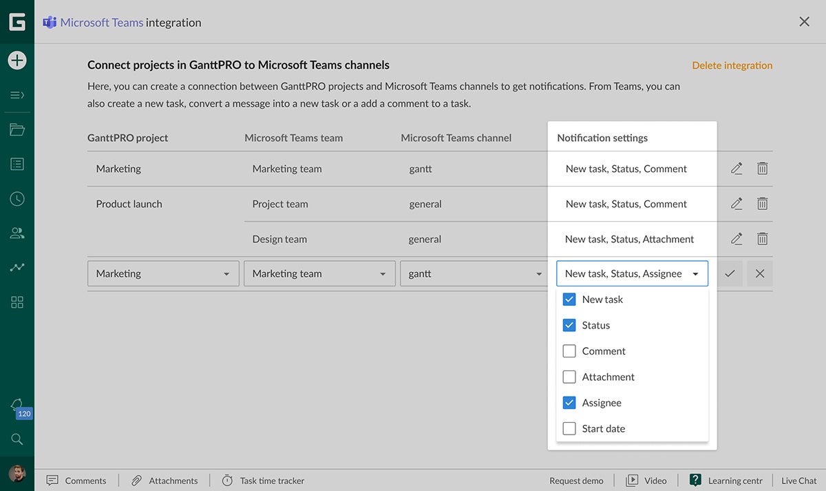 MS Teams and GanttPRO integration interface.