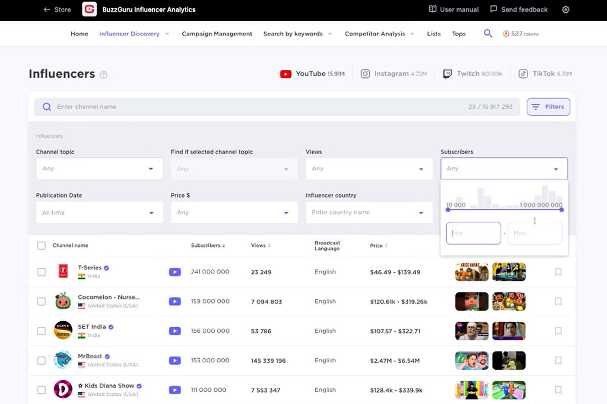 BuzzGuru's influencer discovery tool with search filters.