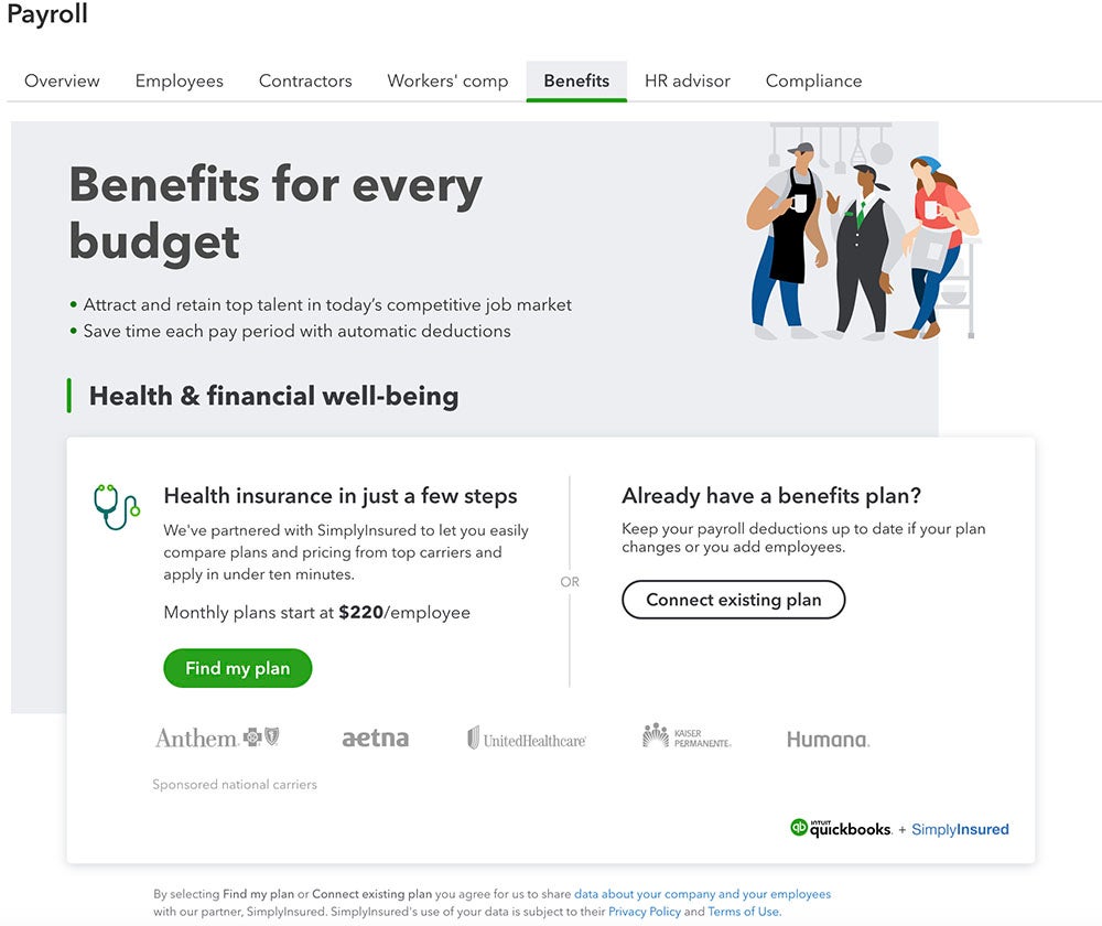 QuickBooks Payroll's health insurance options for employees.