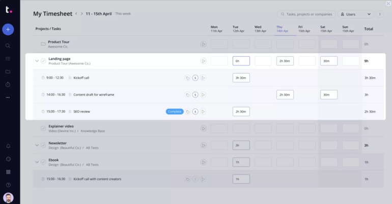 Teamwork offers time tracking via timesheets to improve task management.