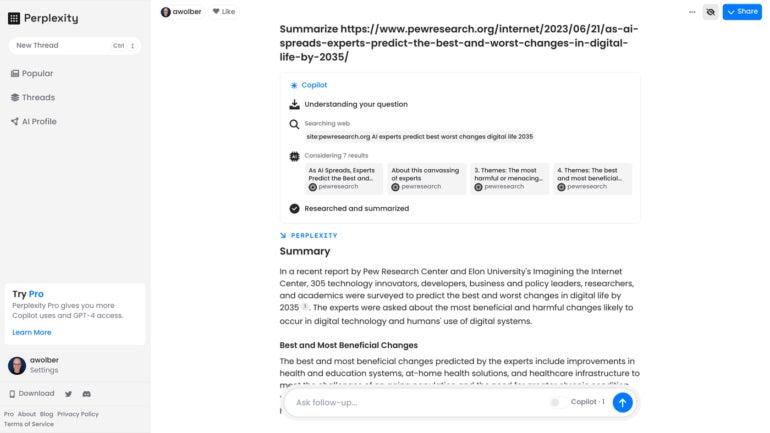 Perplexity summarizes content and cites referenced links, as indicated by the 1 shown here following the phrase "digital life by 2035" in the first paragraph of the Summary response. 