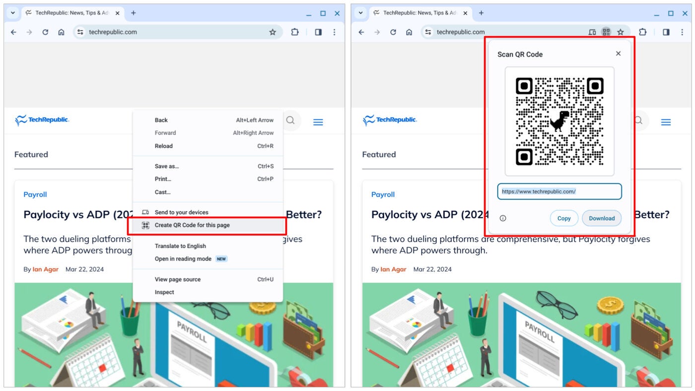 Haga clic con el botón derecho o toque con dos dedos el panel táctil y seleccione Crear código QR para esta página (izquierda) para generar un código QR para escanear o descargar (derecha).