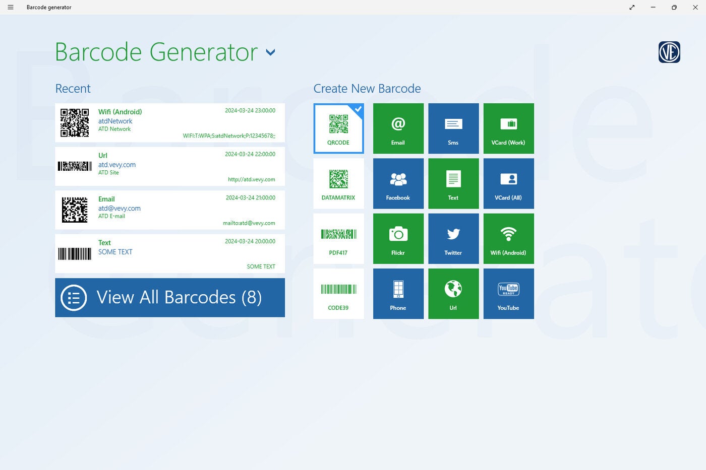 Barcode Generator lets you select from 12 QR code link types, enter the necessary data and then save the resulting code.