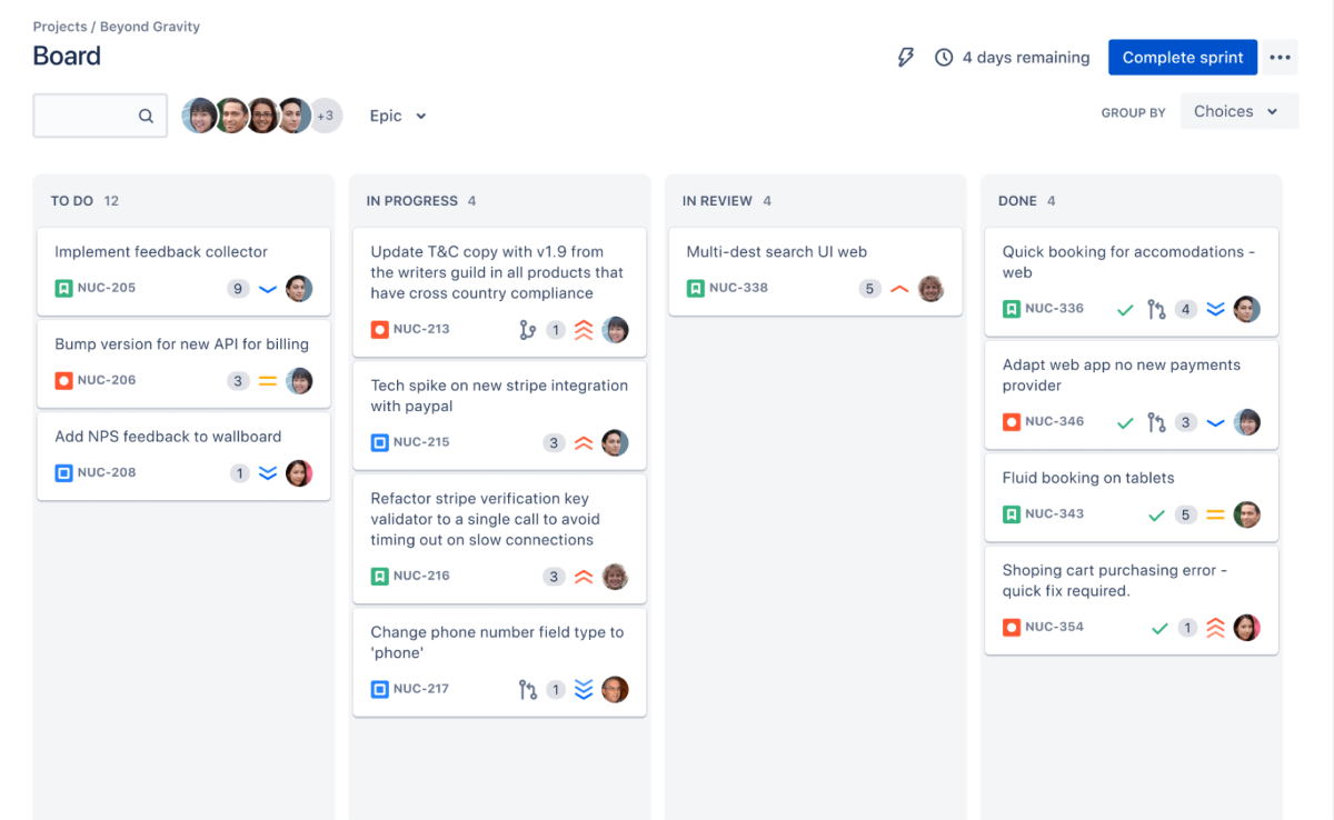 A Scrum board in Jira Software.