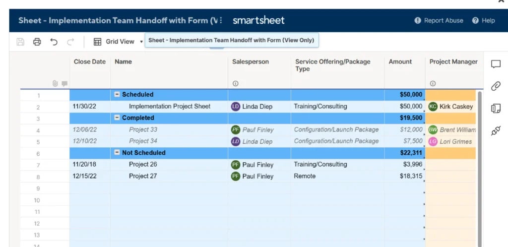 Grid view of a client implementation project for Smartsheet.