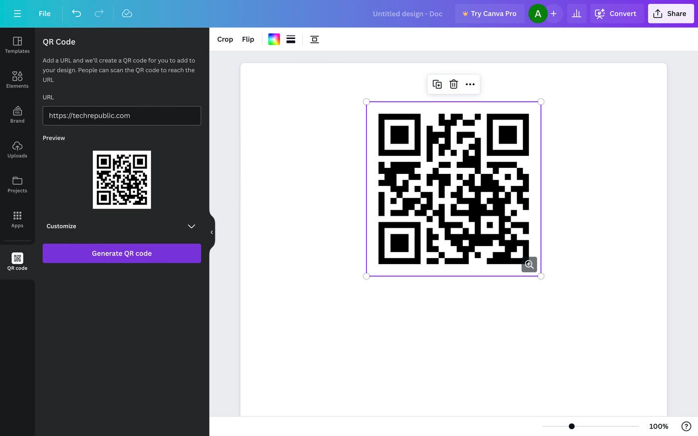 Generate and position a QR code in your design with Canva for free.
