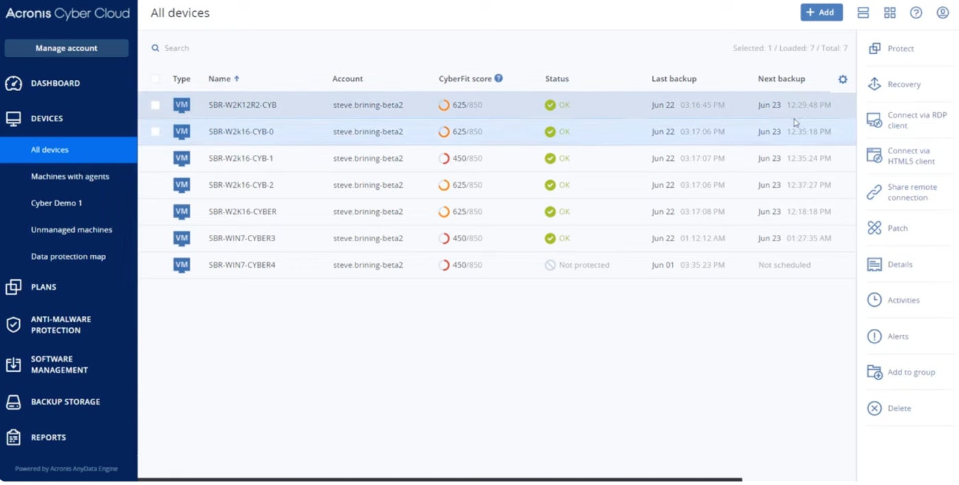 Acronis Cyber Protect Cloud interface.