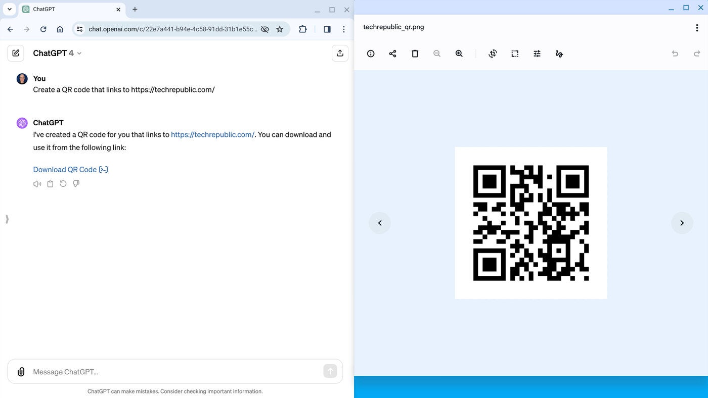 ChatGPT Plus subscribers can prompt for a QR code that links to a URL (left), which the system creates and makes available as an image (right).
