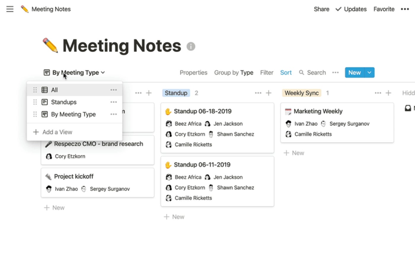 Example of meeting notes organization notion.